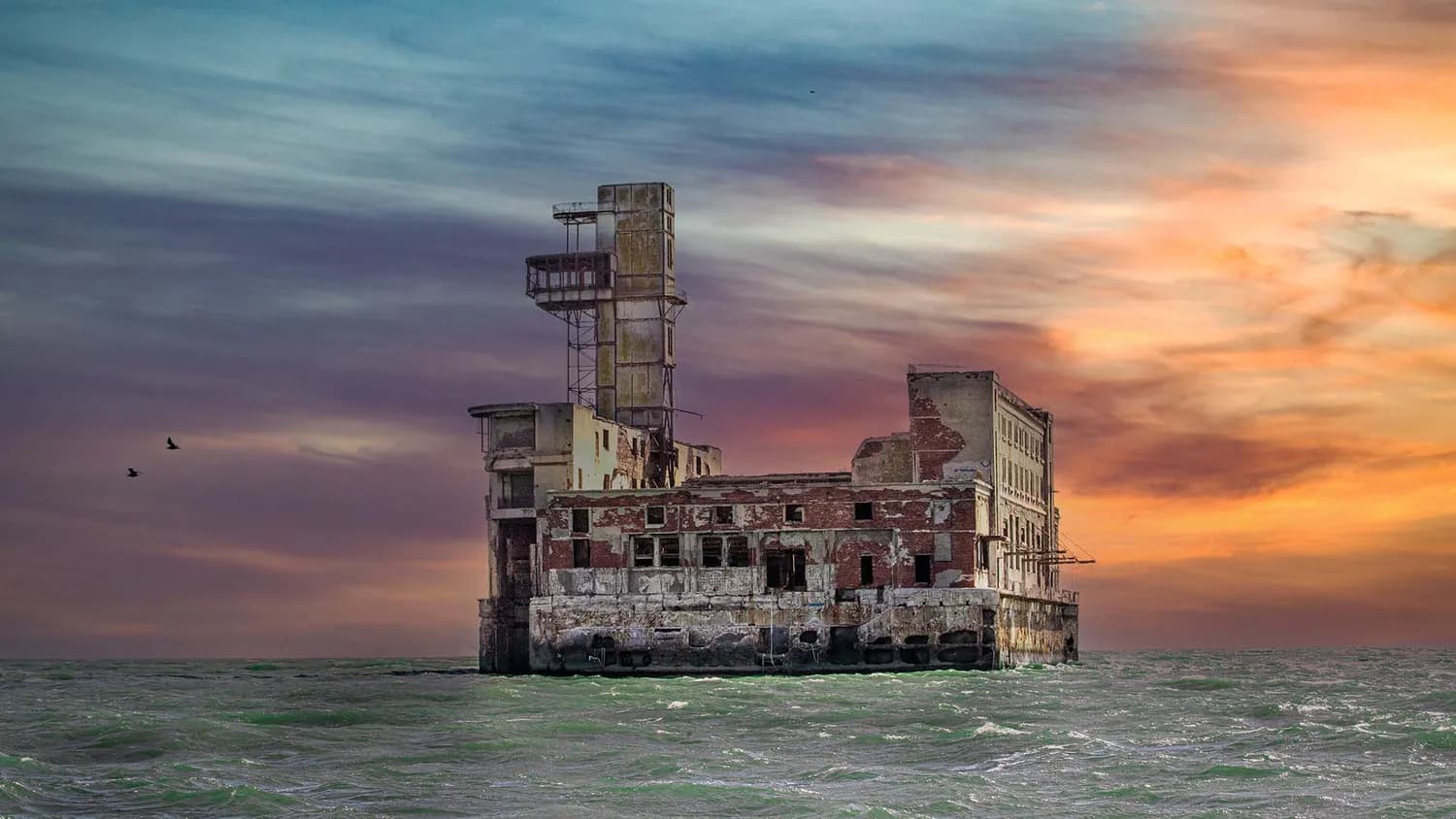 8-й цех завода «Дагдизель» в Каспийском море на закате — заброшенная испытательная станция торпед